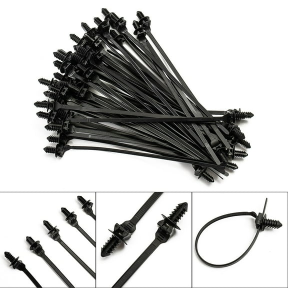 50pcs Black Push Clips Wire-Tie Released Zip Straps Auto Car Pipe Cable-Fastener