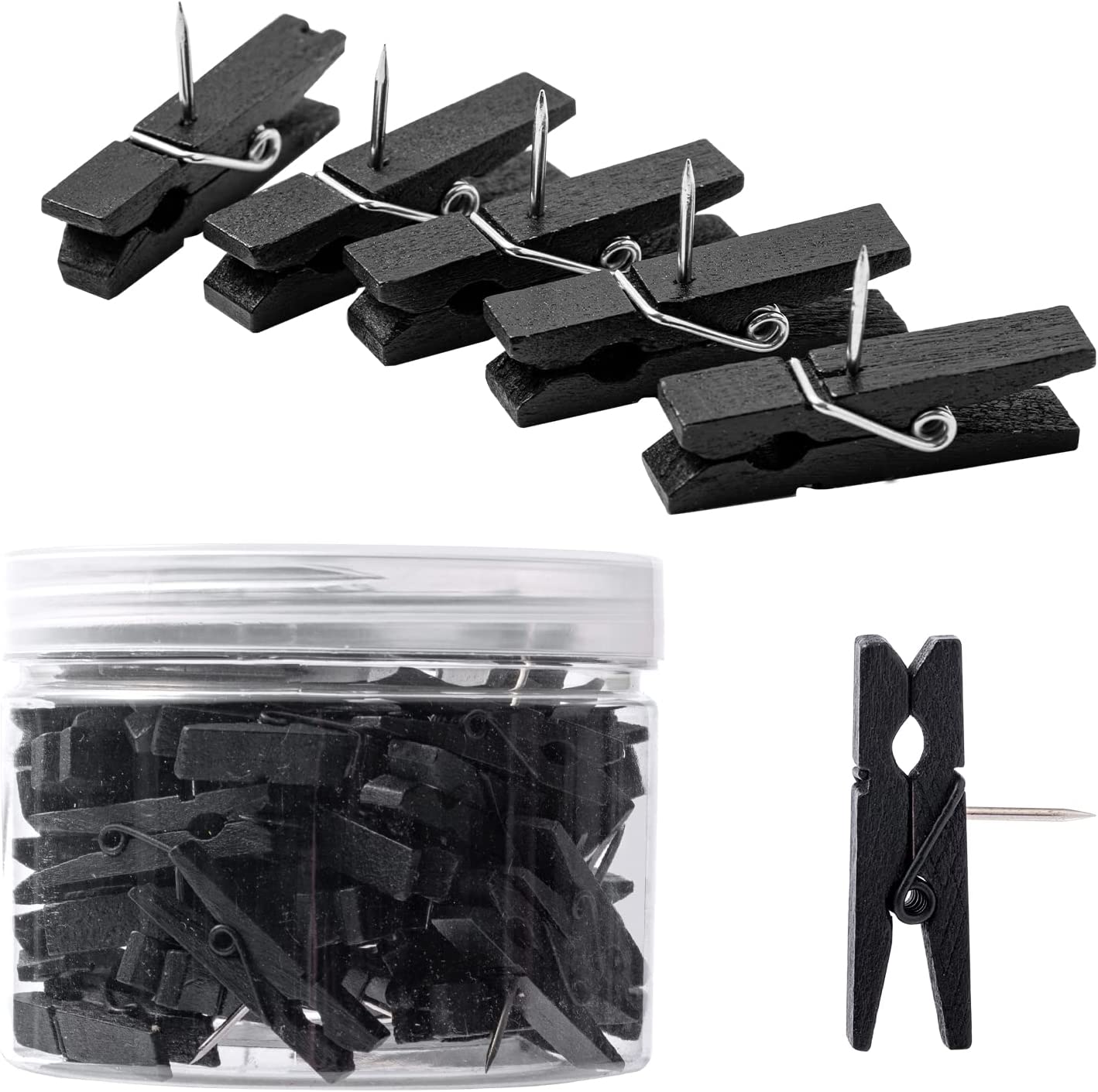 50pcs Black Push Pin Clips Decorative Wooden Push Pins for Bulletin