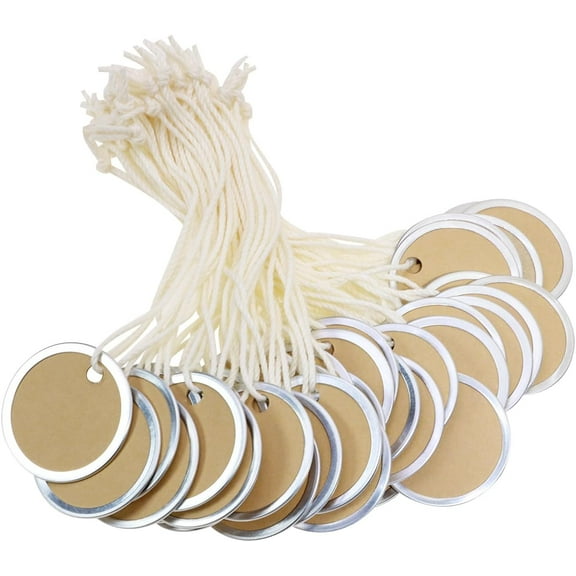 50pcs Blank Label Tags - Round Name Brand Shipping Tags with String Metal Rim for Pricing, Gift, Jewelry, Clothing, Yard Sale, Garage Supplies, Marking, Hang Tags (Kraft, 1.22inch)