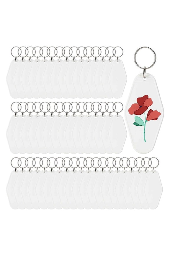 50pcs Blank Motel Keychain Bulk with Key Rings, White Vintage Hotel Keychains Key Tag for Vinyl DIY Crafts, White