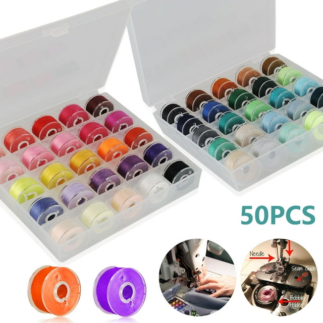 50pcs Bobbins and Sewing Thread, TSV PreWound Thread with Box, Basic Sewing Supplies Kit for