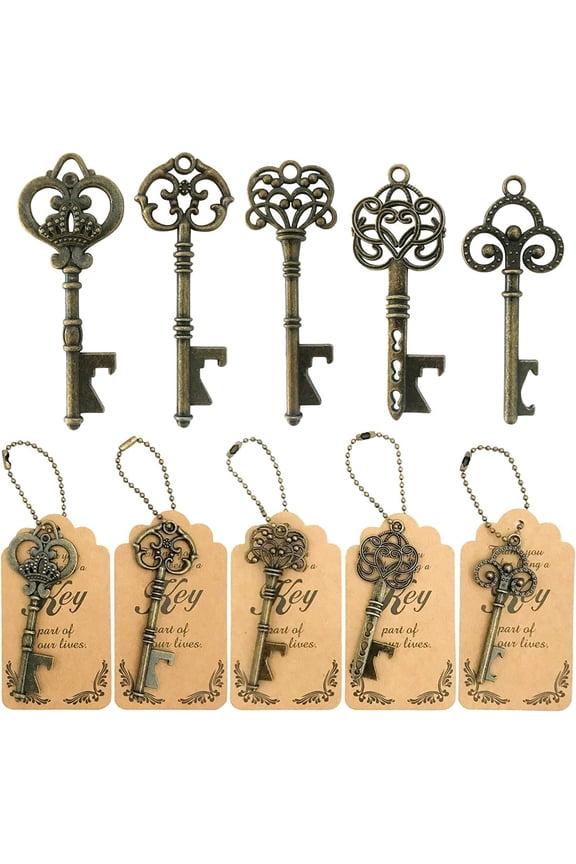 50pcs Bottle Opener,Wedding Favors Vintage Skeleton Key Bottle Opener,Key Bottle Openers with Escort Tag Cards and Key Chains Wedding Gifts for GuestBronze,5 styles