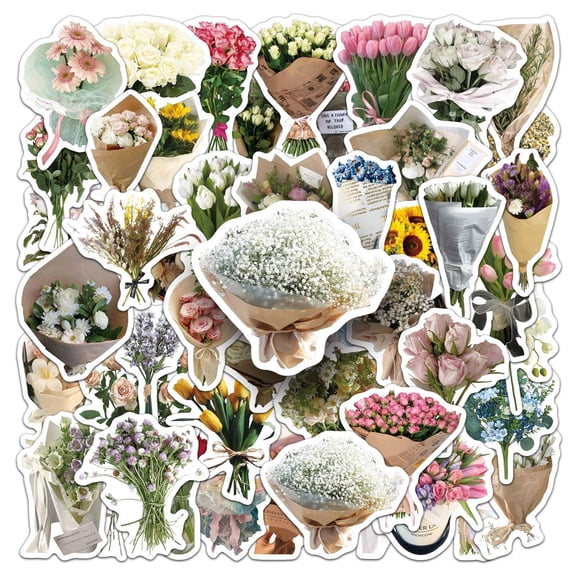 50pcs Bouquet Stickers Set for Journaling Scrapbooking Decorative Flower Design Material Paper Stickers for DIY Crafts Notebook Laptop Water Bottle Suitcase Phone Case