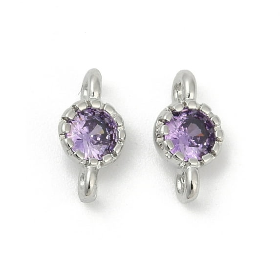 50pcs Brass Cubic Zirconia Flat Round Connector Charms Rack Plating Long-Lasting Plated Platinum Purple 9x4.5~5x3mm Hole: 1mm