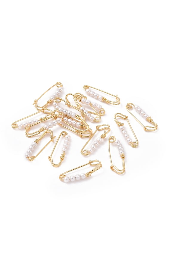 50pcs Brass Kilt Pin Brooch Findings Long-Lasting Plated with Shell Pearl Beads Real 18K golden Plated 23x7.5x2.5mm Hole: 1.4mm
