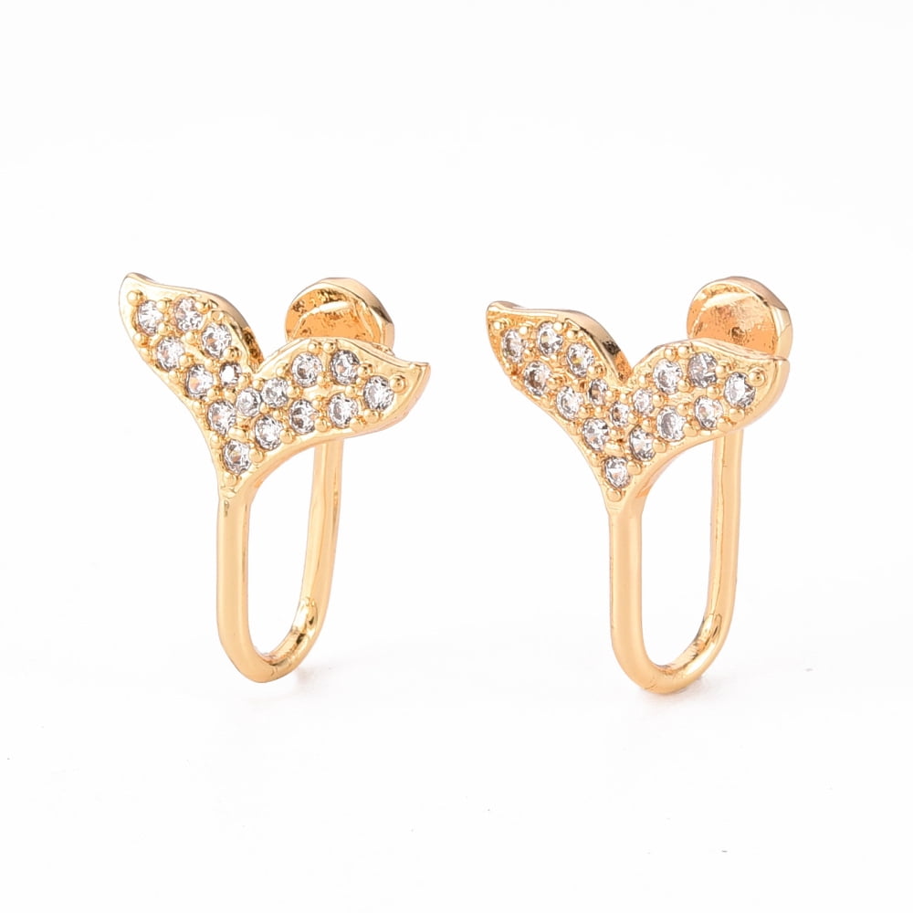 50pcs Brass Micro Pave Clear Cubic Zirconia Cuff Earrings Whale Tail Shape Nickel Free golden 16x13x1.5mm