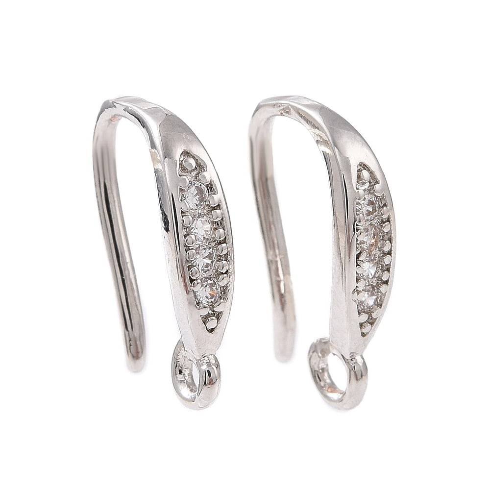 50pcs Brass Micro Pave Clear Cubic Zirconia Ear Hooks with Horizontal Loops Cadmium Free & Lead Free 14x9x3mm Hole: 1.6mm 18 Gauge Pin: 1mm