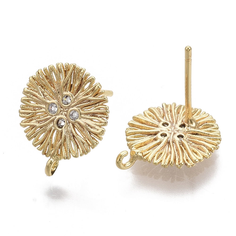 50pcs Brass Micro Pave Cubic Zirconia Stud Earring Findings with Loop golden Nickel Free Flat Round Clear 13.5x11mm Hole: 1mm Pin: 0.8mm