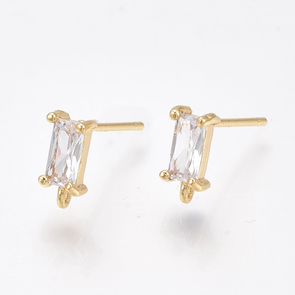 50pcs Brass Stud Earring Findings Cubic Zirconia and Loop Nickel Free Real 18K golden Plated Rectangle Clear 8.5x4mm Hole: 0.8mm Pin: 0.8mm