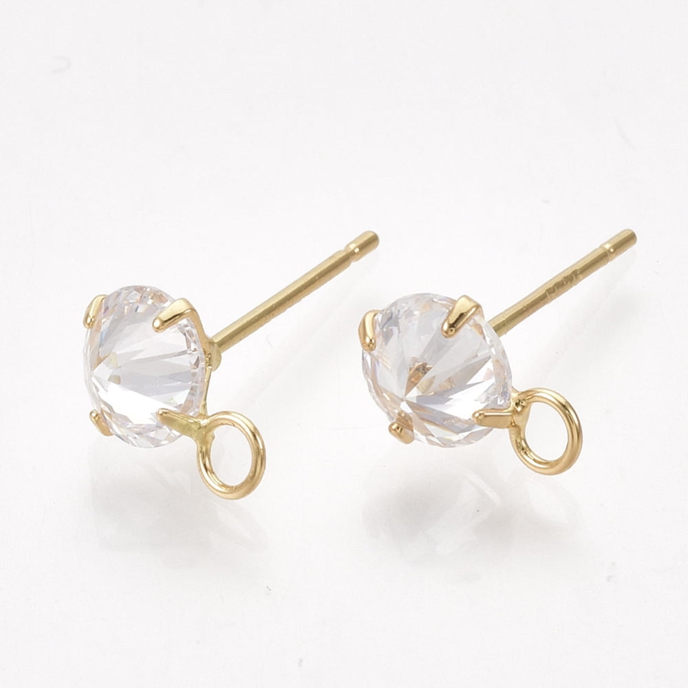 50pcs Brass Stud Earring Findings with Cubic Zirconia and Loop Cadmium Free & Nickel Free Clear Real 18K golden Plated 10x6.5mm Hole: 2mm Pin: 0.8mm