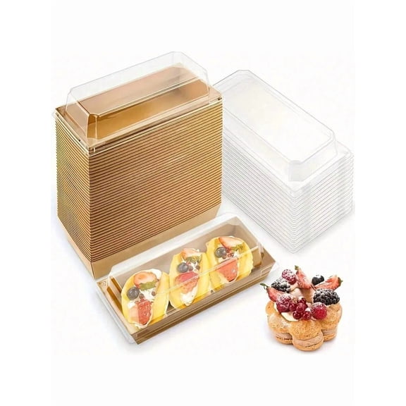 50pcs Brown Rectangular Cake Boxes With Clear Lids For Swiss Rolls Muffins Pastries Desserts Food Storage