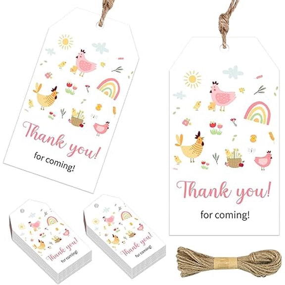 50pcs Chicken Thank You Tags Chicken Party Decorations Cute Farm Animal Party Favors with String Paper Gift Tags for Boys Girls Chick Themed Baby Shower Decor Birthday Supplies