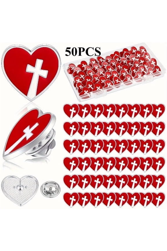 50pcs Christian Red Heart Cross Brooch Set, Religious Jesus Pins Bulk Comes with A Clear Plastic Case, Lapel Brooch Red Heart Pins Church Funeral Sunday School, Perfect Gift for Clergy and Christians