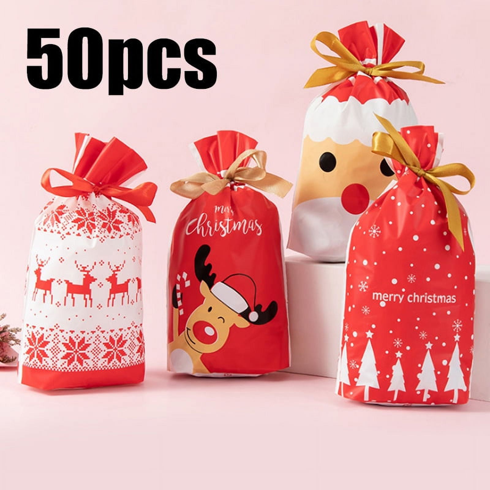50pcs Christmas Drawstring Gift Bag,Christmas Gift Bags Reusable with