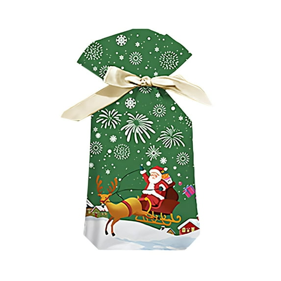 50pcs Christmas Gift Bags with Drawstring, Aluminum Foil Holiday Gift Wrapping Bags with Festive Prints for Xmas Party, Tree & Wine Bottle, L