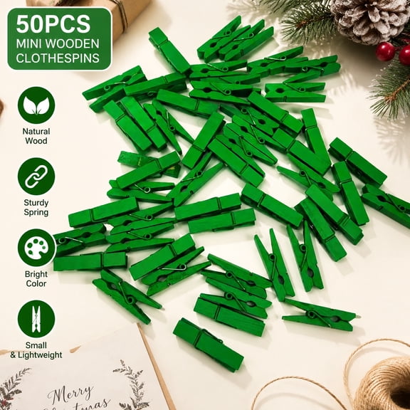 50pcs Christmas Mini Wooden Clothespins Photo Clips Small Wood Peg Set for Holiday Cards Paper Crafts Party Decorations