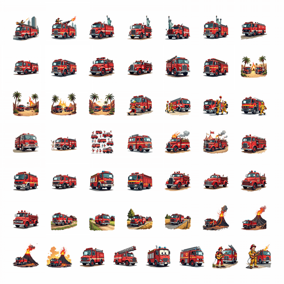 50pcs Colorful Fire Truck Stickers Kids Cartoon Vehicle Fun Animal Holiday Stickers Play Car Bicycle Laptop Skateboard Water Bottle