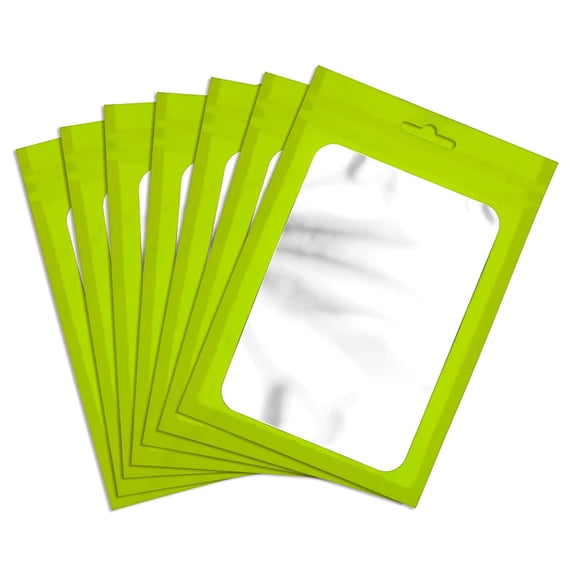 50pcs Colorful Mylar Bags Ziplock Hang Bags with Clear Window for Jewelry Display Packaging Self Sealing Reusable Foil Pouch Green 9x12cm