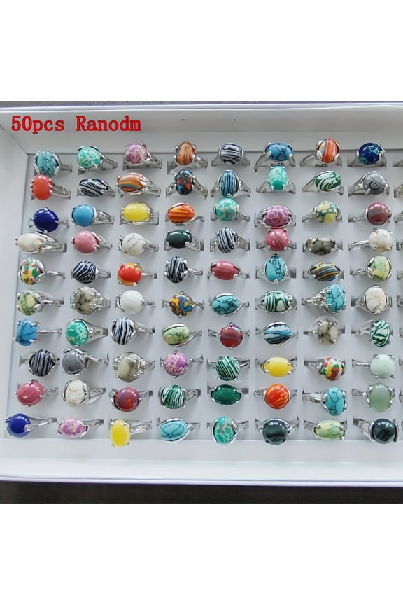50pcs Colorful Gemstone Rings for Women Wholesale Bulk for Resale, Statement Ring, Party Wedding Gifts