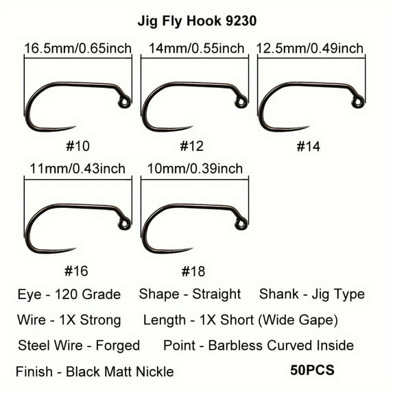 50pcs Competition Barbless Fly Tying Fishing Hook High Carbon Steel Tying Materials Jig Dry Nymph Shirmp Wet Caddis Fly Hooks Black Nickle Size # 6/ # 8/ # 10/ # 12/ # 14/ # 16/ # 18/ # 20