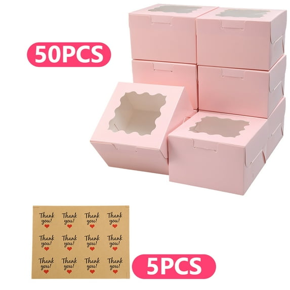 50pcs Cookie Boxes, 4x4x2.5in Pink Bakery Boxes with Window, Mini Cake Boxes, Dessert, Pastry, Small Treat Boxes