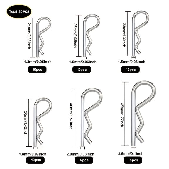 50pcs Cotter Pins, Cotter Pin Assortment Kit, Heavy Duty R Clips Hardware Pins, 6 Sizes Spring Fasteners Hitch Pin for Trailer Locking, Lawn Mowers, Trucks, Mechanic'S Choice 50pcs/Set
