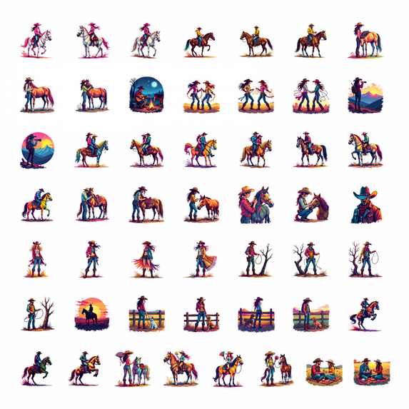 50pcs Cowboy Horse Riding Stickers Retro Cartoon Stickers Country Stickers Water Bottle Laptop Phone Guitar Bicycle Decals Set