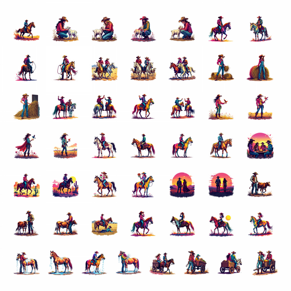 50pcs Cowboy Horse Riding Stickers Retro Cartoon Stickers Country Stickers Water Bottle Laptop Phone Guitar Bicycle Decals Set