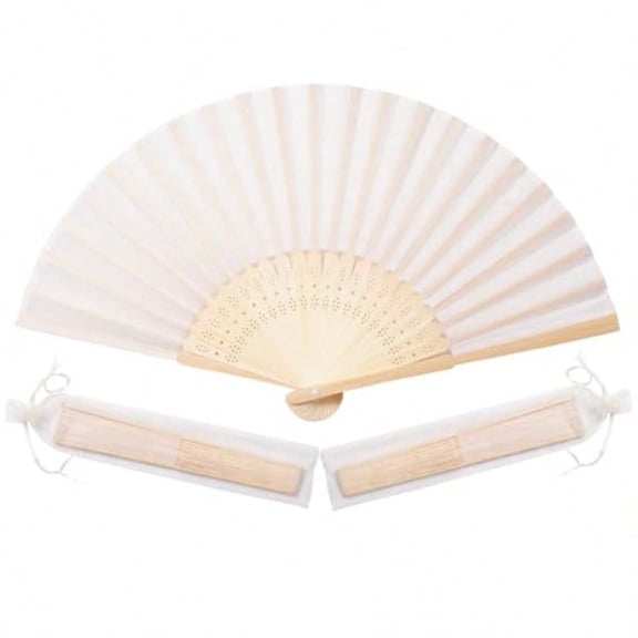 50pcs CreamColoured Imitated Silk Fabric Bamboo Folded Hand Fan Bridal Dancing Props Church Wedding Party Favors with Organza Bags