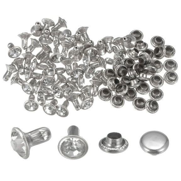 50pcs Crystal Rivets 6mm Rhinestone Rivets Rapid Stud Rivets for Clothing Leather Crafting, Silver