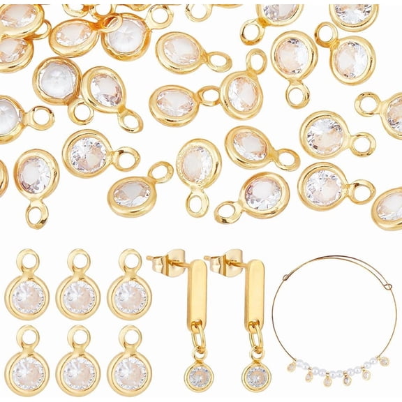 50pcs Cubic Zirconia Charms 18K Gold Plated Round Charm Pendants Brass Pendants with Loops