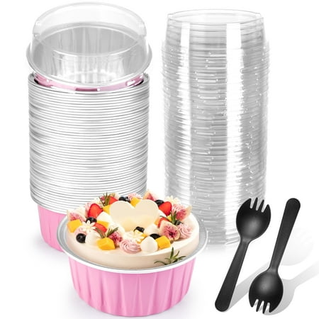 50pcs Disposable Aluminum Cups,Disposable Ramekins Perfect Baking Cups,Pink