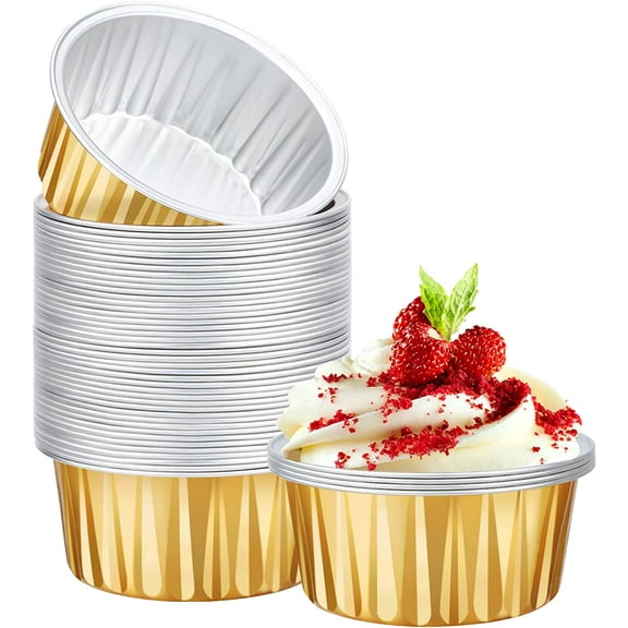 50pcs Disposable Creme Brulee Ramekins, Gold Cupcake Liners Mini Muffin Pans
