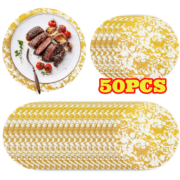 50pcs Disposable Placemats Set, 13" Round Gold Foil Mesh Pressed Table Doilies, Metallic Table Runner for Wedding Birthday Party Decorations