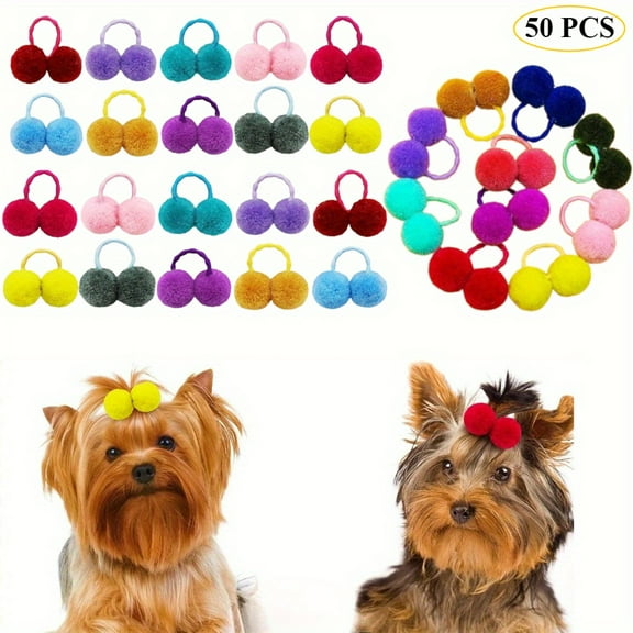 50pcs Dog Hair Puff Ball Bows, Pet Small Dog Hair Round Bows with Rubber Bands, Mix Multiple Colour Handmade Pet Puppy Dog Grooming Puff Bows for Yorkie Dog Cat Girl Hair Accessories