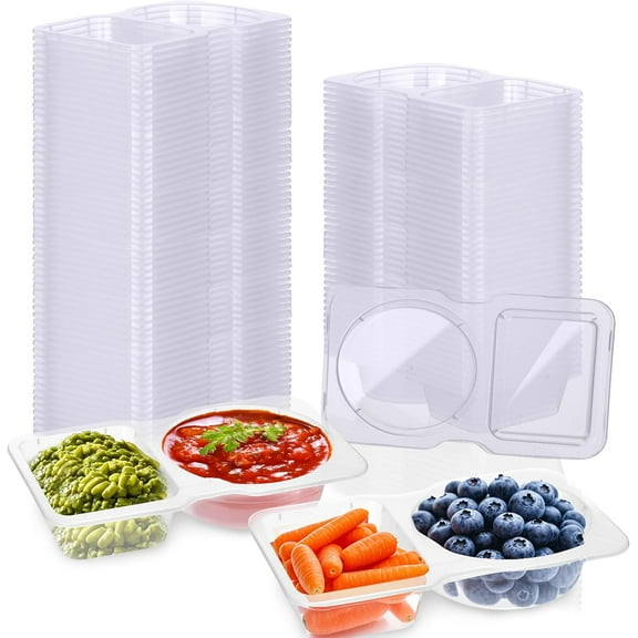50pcs Double Compartment Condiment Container With Lids,Disposable 2 Compartment Sauce Containers Clear Plastic Snack Containers For Travel