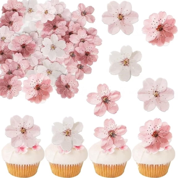 50pcs Edible Flowers Cake Decorations,NOGIS Pink Flower Cupcake Toppers, NOGIS Edible Flowers Cherry Blossoms Cake Topper Cupcake Toppers Decorations for Wedding Birthday Party
