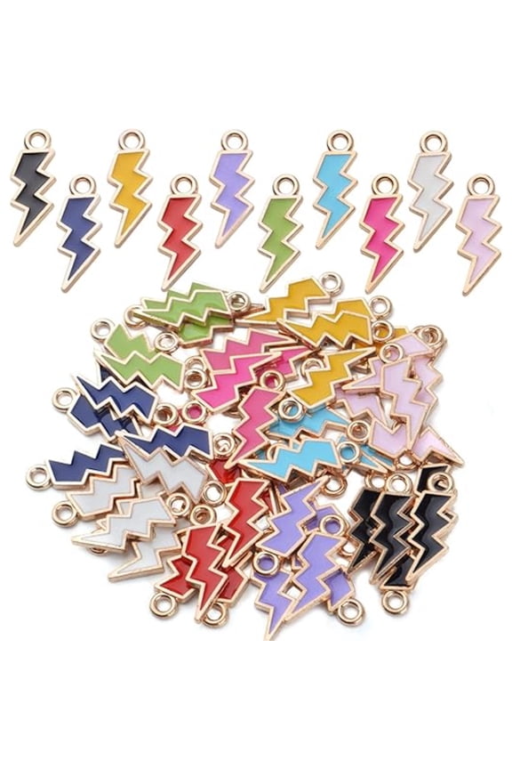 50pcs Enamel Lightning Bolt Charm Pendants Gold Plated Alloy Flash Lightning Charm Celestial Dangle Charms for Bracelet Necklace Earrings DIY Jewelry Making Supplies,10 Colors