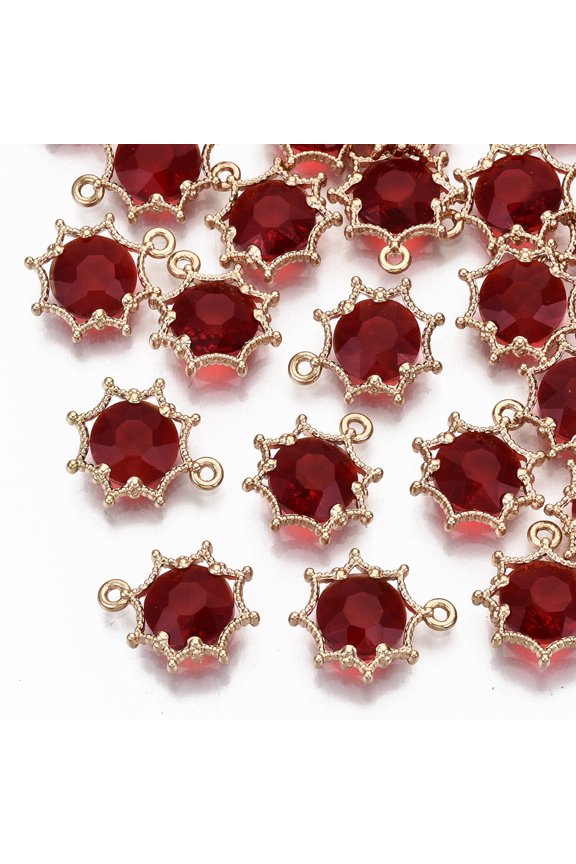 50pcs Faceted Glass Pendants with Eco-Friendly Alloy Findings Cadmium Free & Nickel Free & Lead Free Faceted Flower Light golden Red 15x13x4mm Hole: 1.6mm