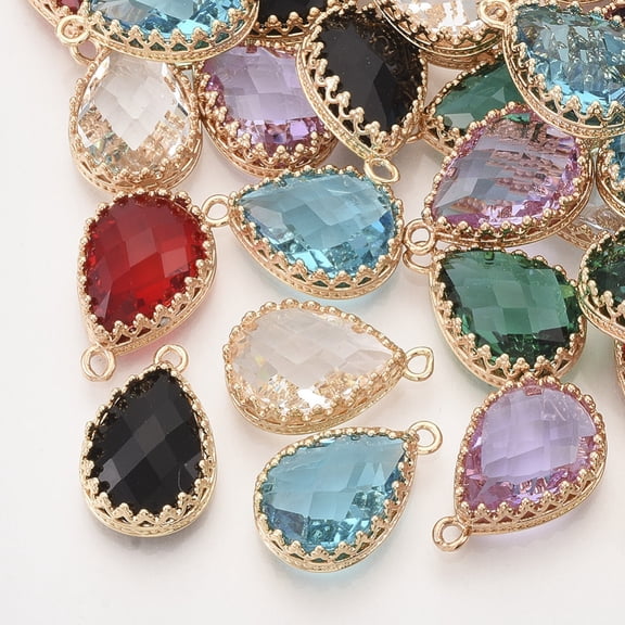 50pcs Faceted Glass Pendants with Golden Tone Brass Open Back Settings Teardrop Mixed color 18.5x12x5.5mm Hole: 1.4mm