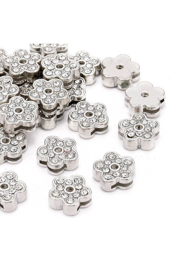 50pcs Flower Alloy Rhinestone Slide Charms Valentine Gift Beads Cadmium Free & Lead Free Platinum 12x5mm Hole: 2mm