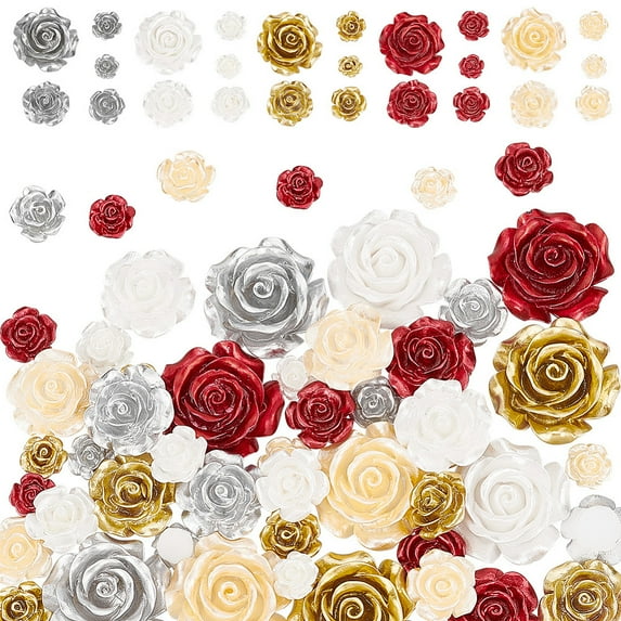 50pcs Flower Beads 5 Sizes Rose Cabochons Flatback Floral Resin Beads Opaque Rose Cabochons