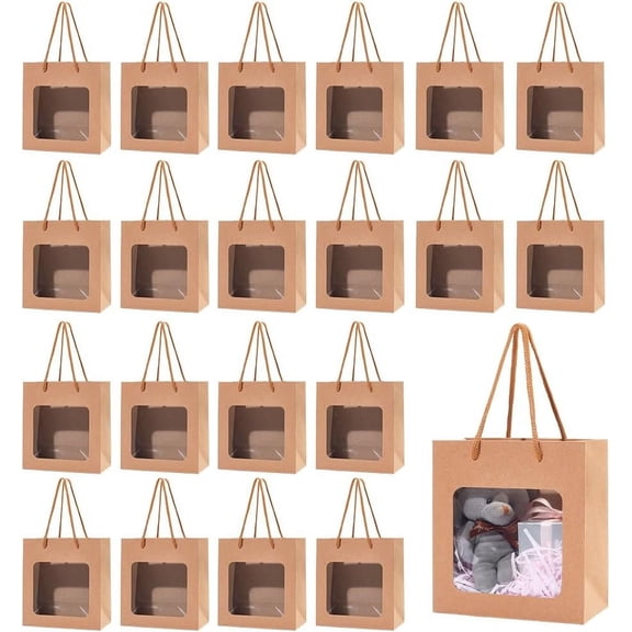 50pcs Gift Bags with Transparent Window Kraft Paper Shopping Bags with Handle for DIY
