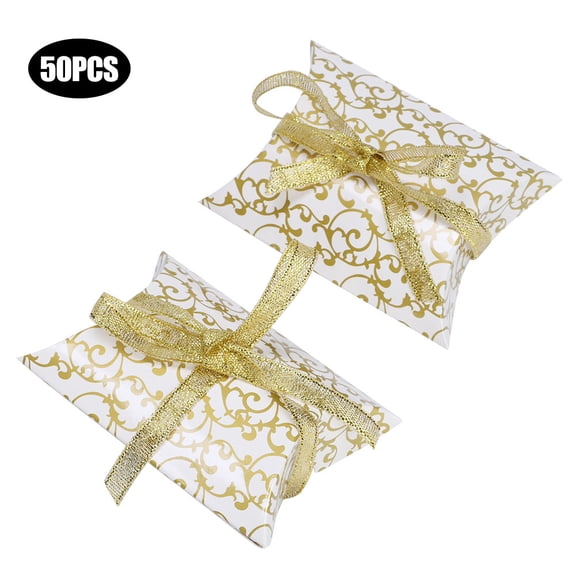 Slatcetga 50pcs Gift Box Candy Ribbon Paper Boxes Wedding Birthday Party Decoration (Gold Floral)