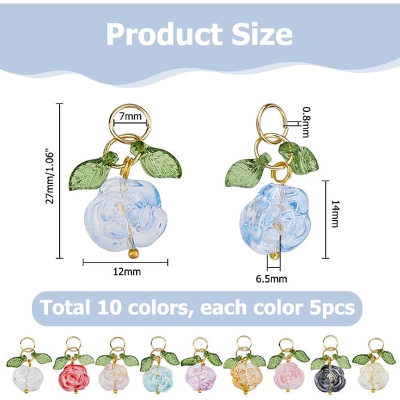 50pcs Glass Rose Flower Charms 10 Colors Transparent Blooming Rose Charm Roses Floral Pendants for Jewelry Necklace Bracelets Earrings Making DIY Crafts