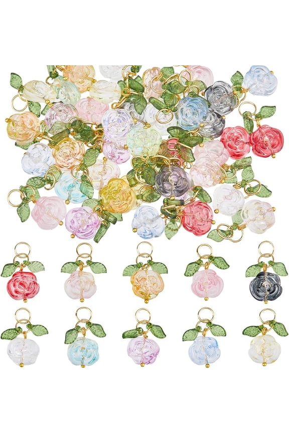 50pcs Glass Rose Flower Charms 10 Colors Transparent Blooming Rose Charm Roses Floral Pendants for Jewelry Necklace Bracelets Earrings Making DIY Crafts