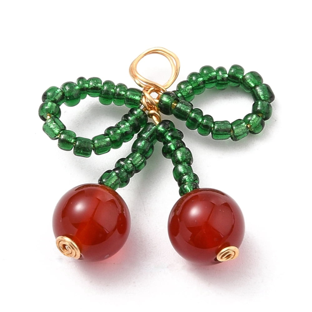 50pcs Glass Seed Beads Pendants with Red Agate Carnelian Beads and Copper Wire Bowknot Green & Red golden 26x25x8mm Hole: 4.5mm Beads: 8mm