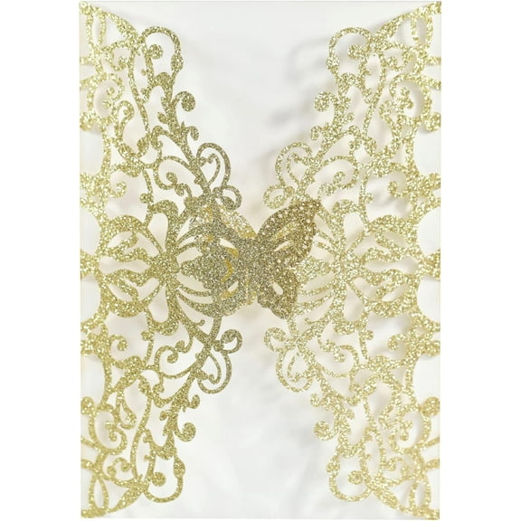 50pcs Glitter Gold Laser Cut Lace Flora Wedding Invitation Cards with Butterfly for Bridal Shower Engagement Quinceaera Wedding Invite