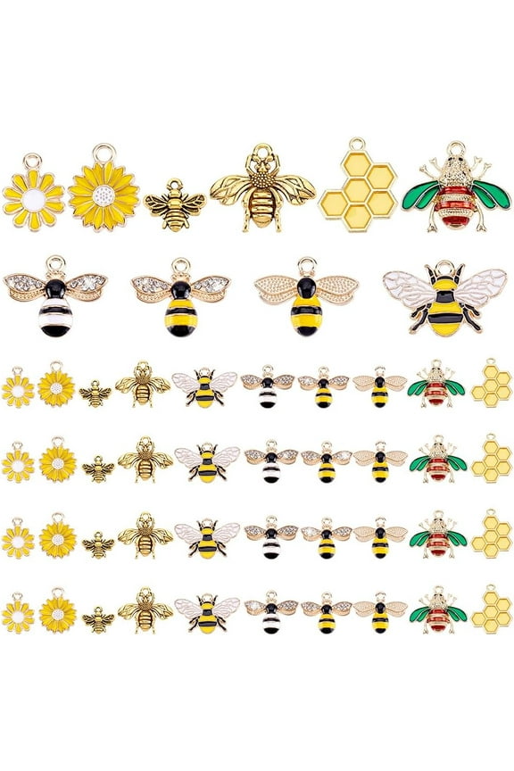 50pcs Gold Bee Pendant Charm Mini Honeycomb Charms Flower Charm 10 Styles Tibetan Style Alloy Rhinestone Bee Pendants Cute Insect Charms for Earrings Necklace Bracelet Jewelry Making