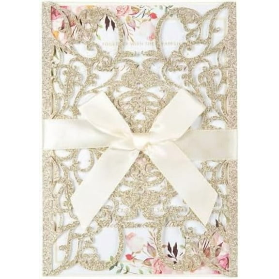 50pcs Gold Glitter Laser Cut Invitation Pocket Blank Wedding Invitations with Envelopes And Rsvp Cards Ribbons for Wedding Quinceanera Bridal Shower Engagement Party Invite